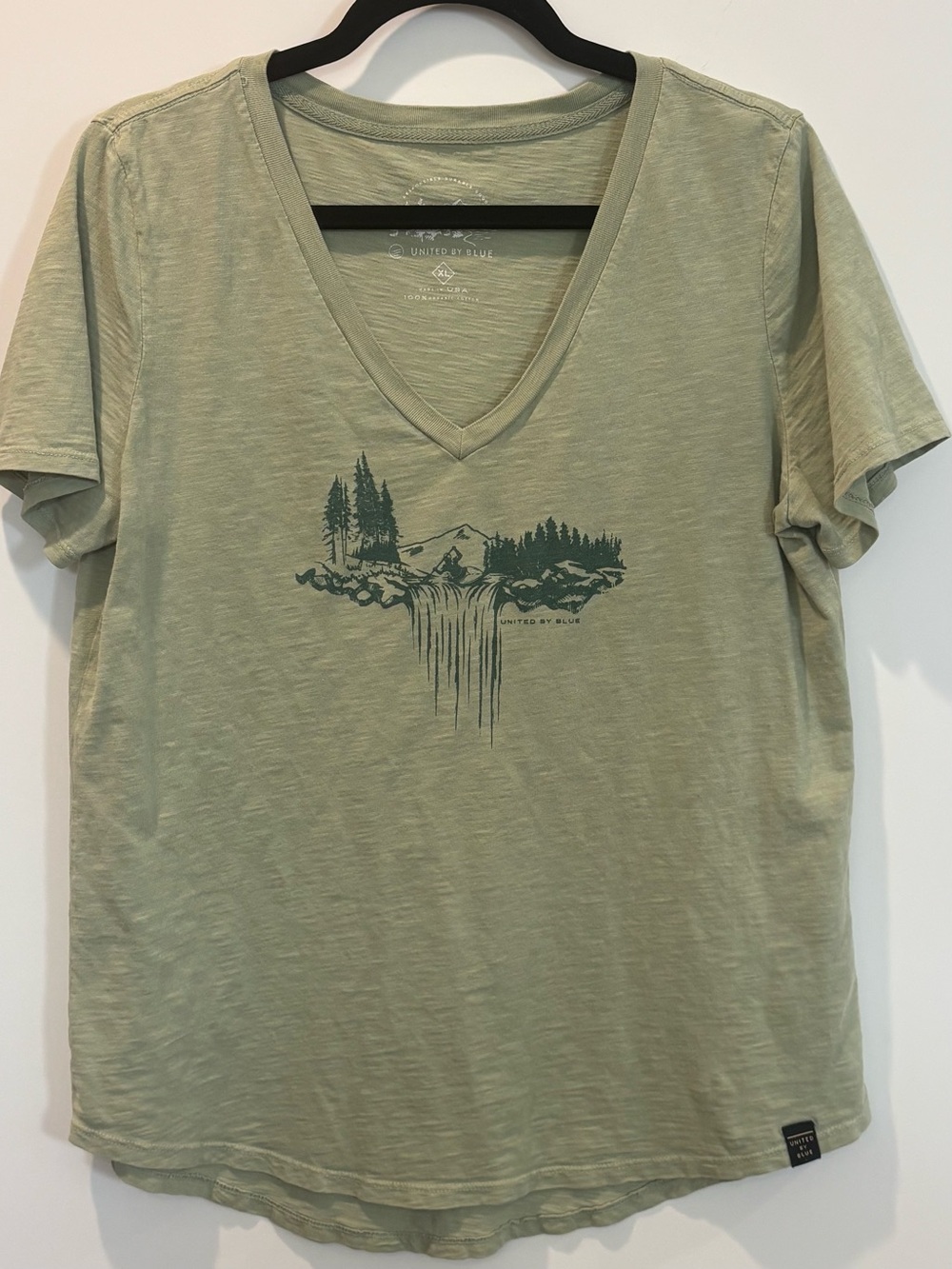 United By Blue Sage Green Organic Cotton V-Neck Tee w/ Forest Print XL
